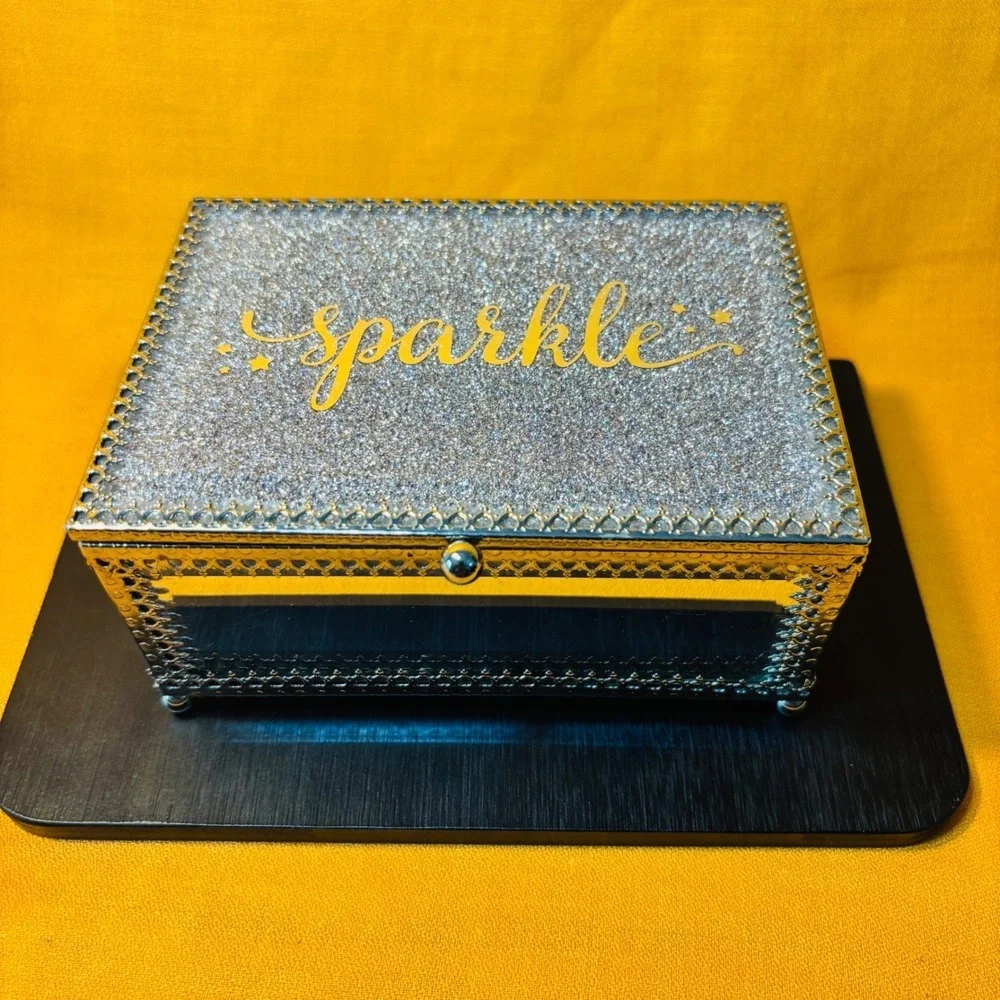 Cynthia Rowley Sparkle Silver Glass Jewelry Trinket Box Mirrored Glam Decor